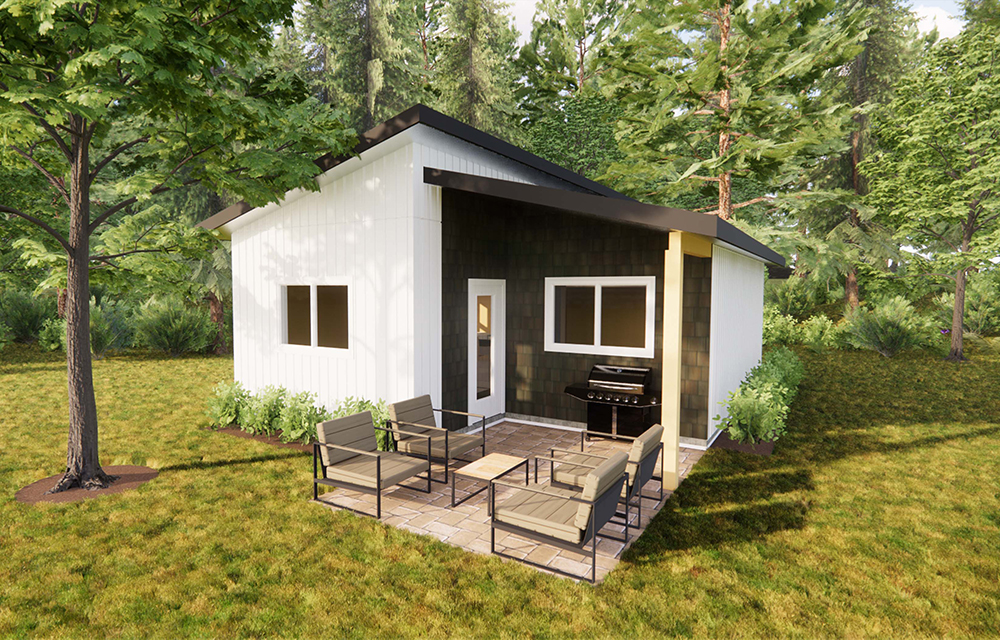 Modern design small home with cottage esthetic. 1 bedroom, 1 bathroom, 580 sq. ft..
