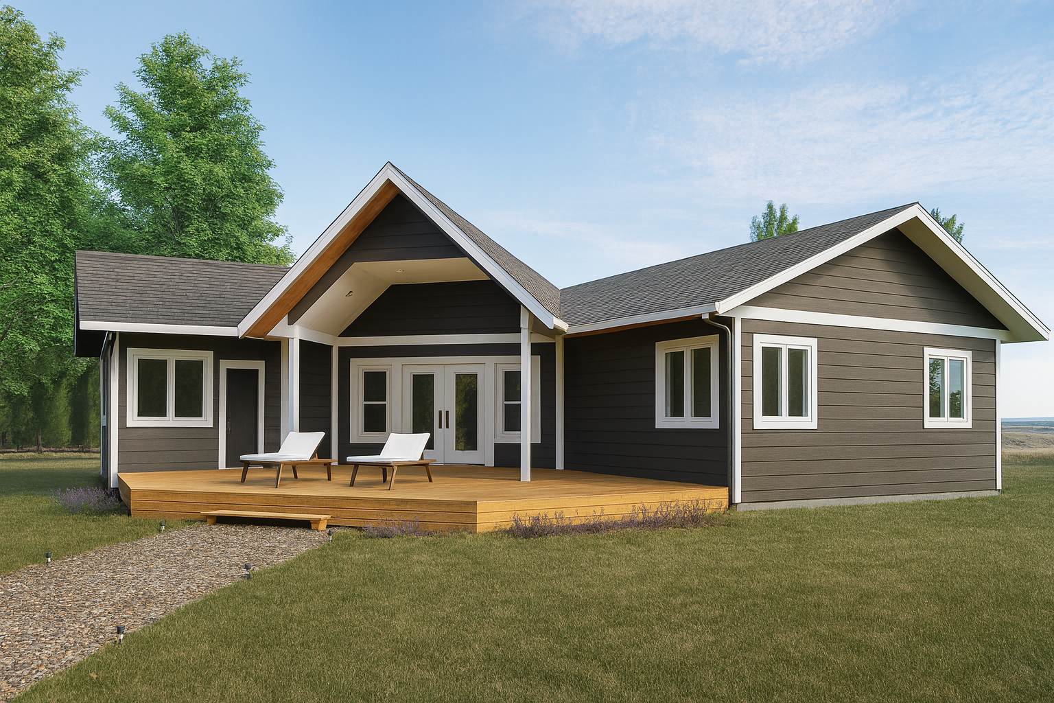 A traditional rancher design with vaulted ceilings, spacious kitchen, and large great room. 3 bedrooms, 2 bathrooms, 1628 sq. ft. of combined living space.