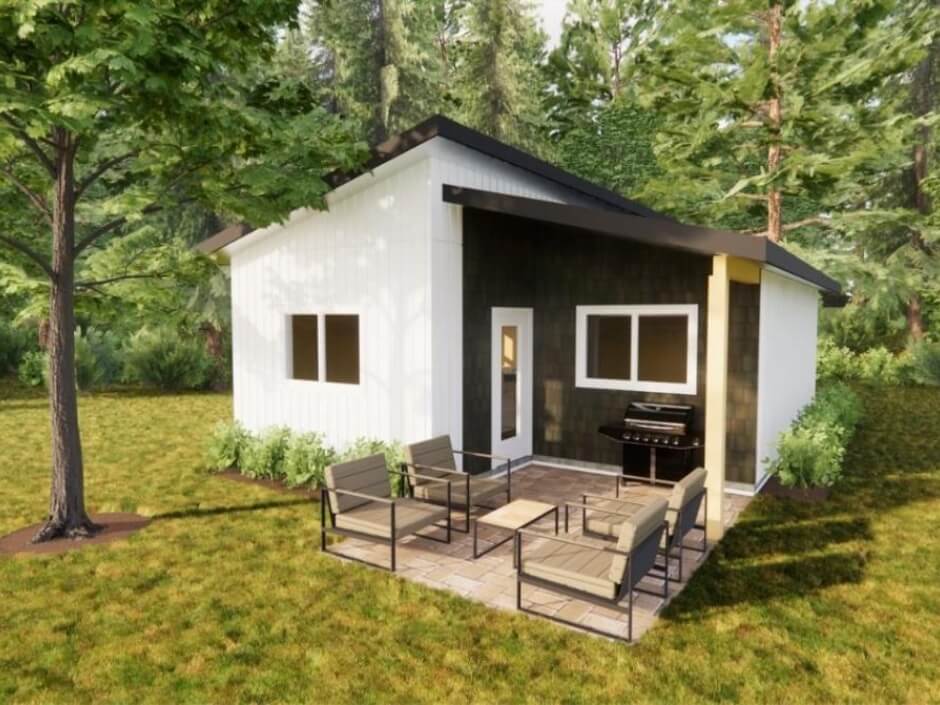 Modern secondary dwelling unit with white siding and cedar shake accent wall