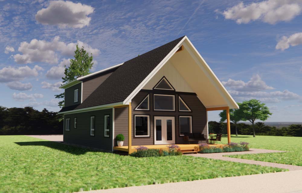 Large cottage design with dormer for loft master suite. 3 bedrooms, 2 bathrooms, 1745 sq. ft. of combined living space. 