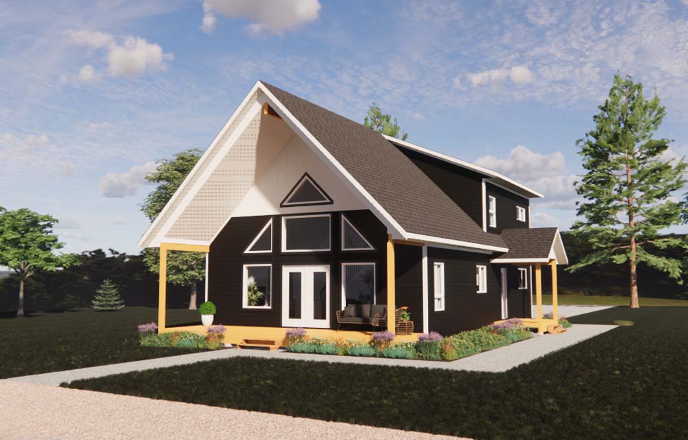 Large cottage design with two dormers. 4 bedrooms, 2 bathrooms, 1841 sq. ft. of combined living space. 