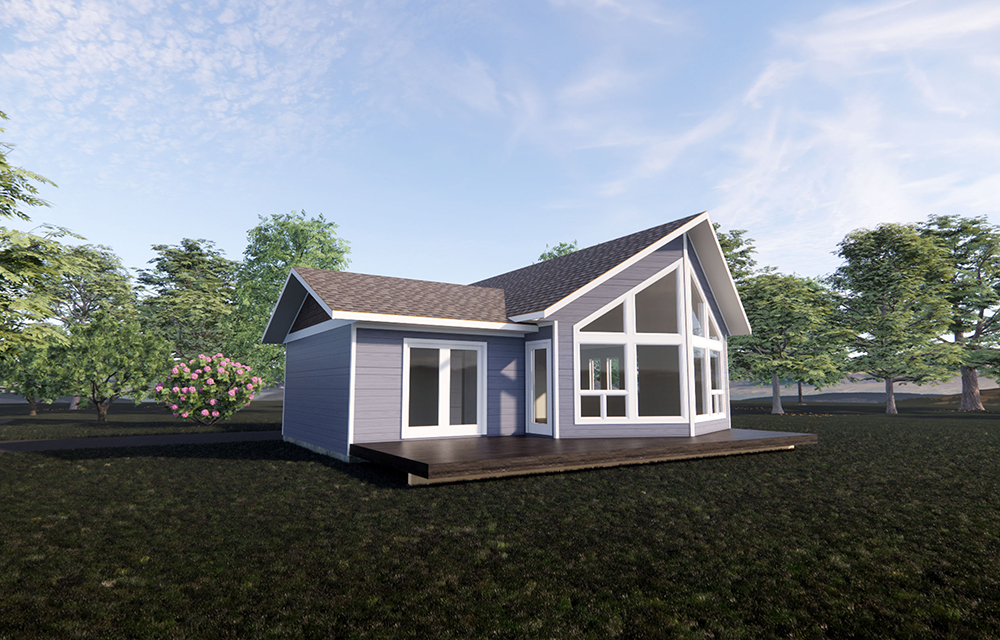 Small home with panoramic prow wall facing the sundeck. 2 bedrooms, 1 bathroom, 920 sq. ft. of combined living space.