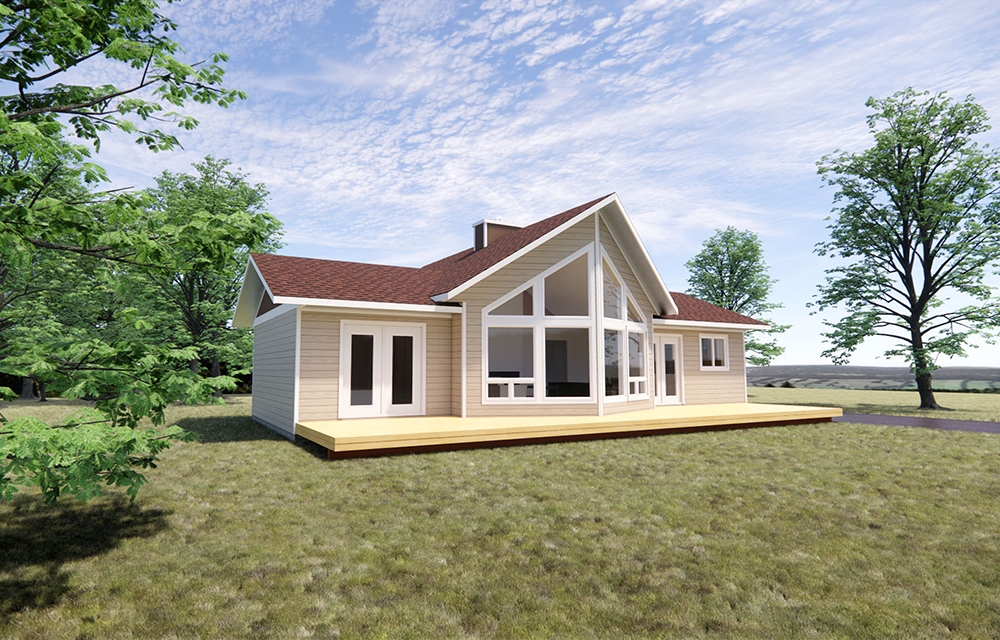 A versatile prow front home with french doors on either side. 3 bedrooms, 2 bathrooms, 1160 sq. ft.