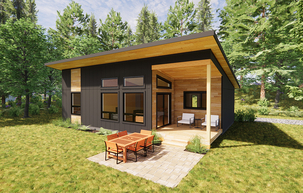 Compact open-concept contemporary home with large windows. 2 bedrooms, 1 bathroom, 964 sq. ft. of living space. 