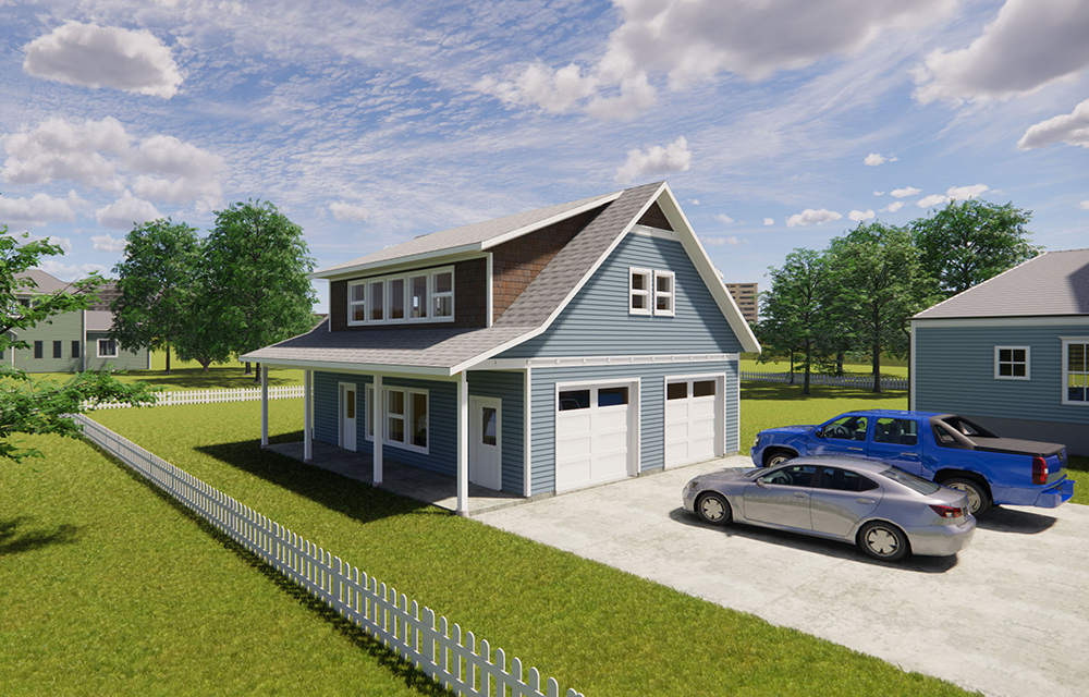 Carriage home with two-car garage, side entry and front dormer. 1 bedroom, 1 bathroom, 961 sq. ft. of living space.