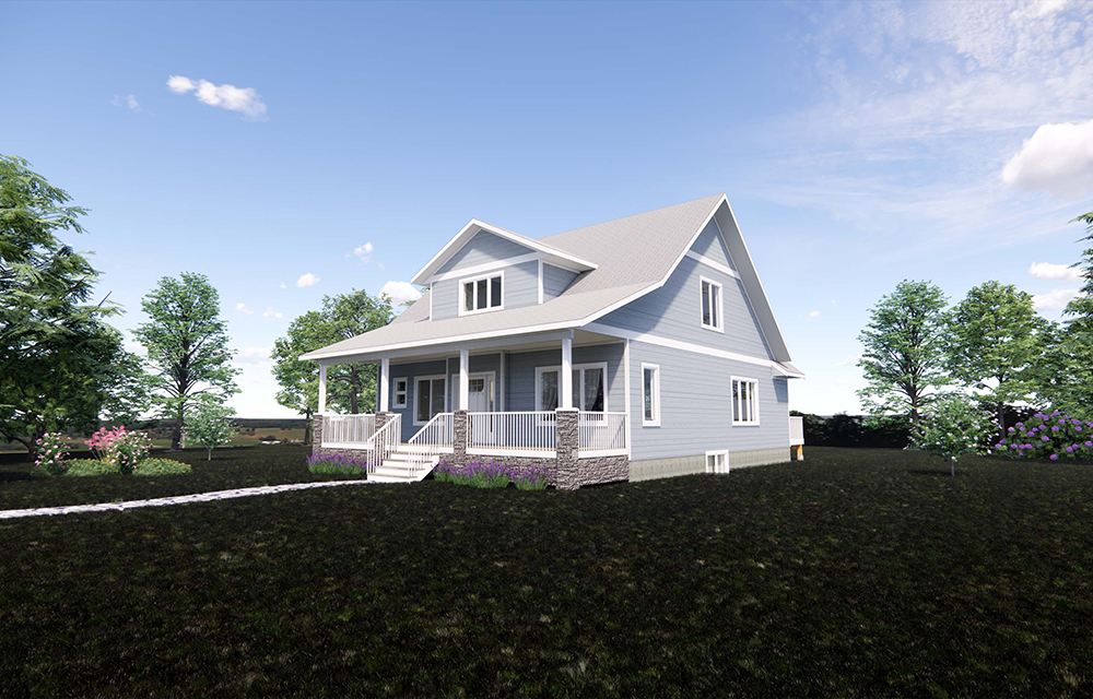 Traditional home with covered front porch and front dormer. 3 bedrooms, 3.5 bathrooms, 2048 sq. ft. of combined living space. 