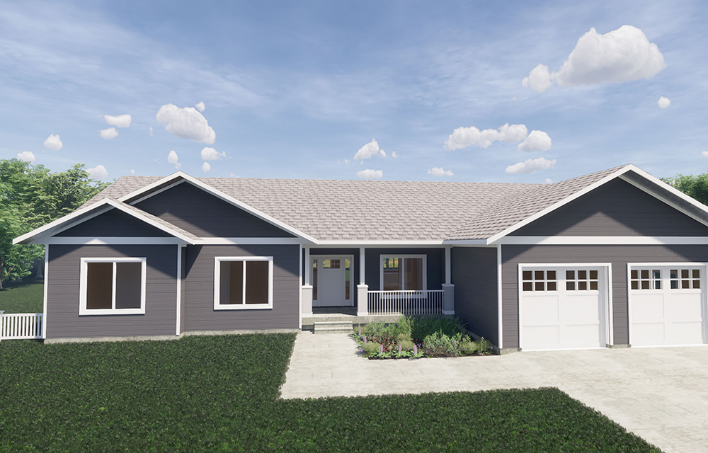 Craftsman style home with covered entry and two-car garage. 3 bedrooms, 2 bathrooms, 1947 sq. ft. 