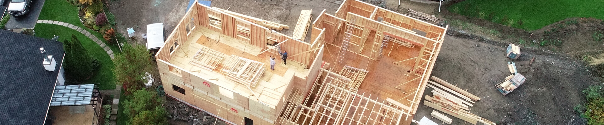 Aerial birds eye view of a home being built