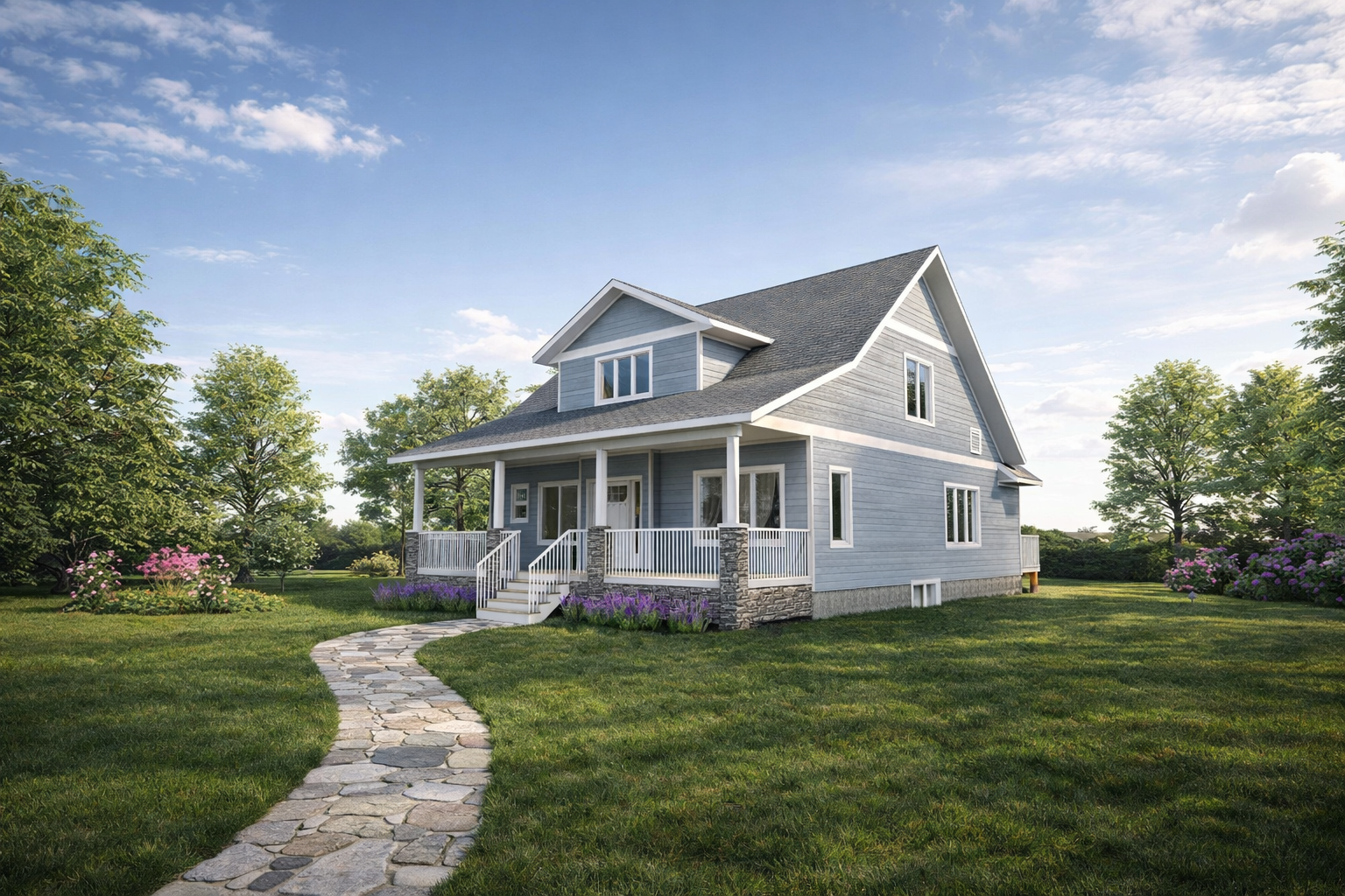 Traditional home with covered front porch and front dormer. 3 bedrooms, 3.5 bathrooms, 2048 sq. ft. of combined living space. 