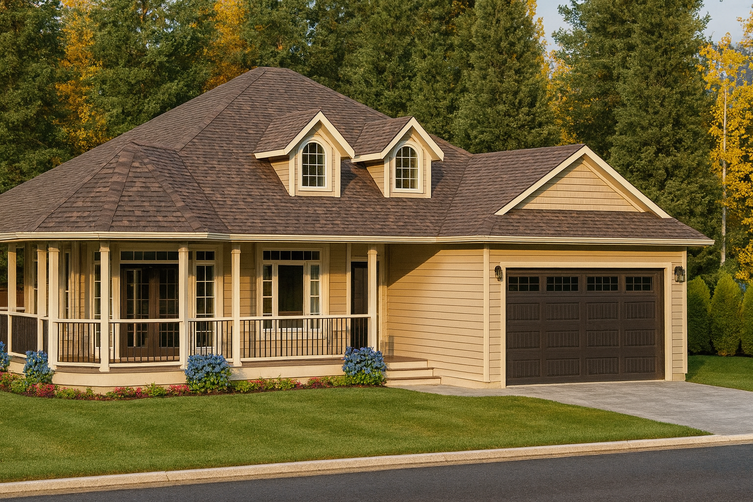 Traditional home with partial wrap around deck and two car garage. 3 bedrooms, 2 bathrooms, 1502 sq. ft.