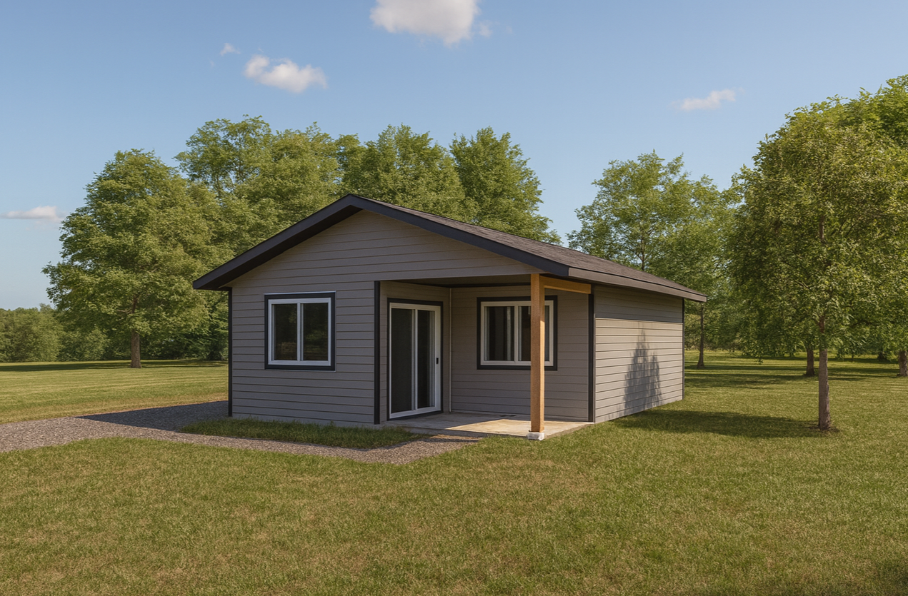 Traditional style tiny home with centre peaked roofline