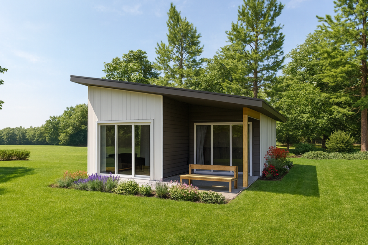 Contemporary tiny home with sliding glass doors in kitchen and living room 