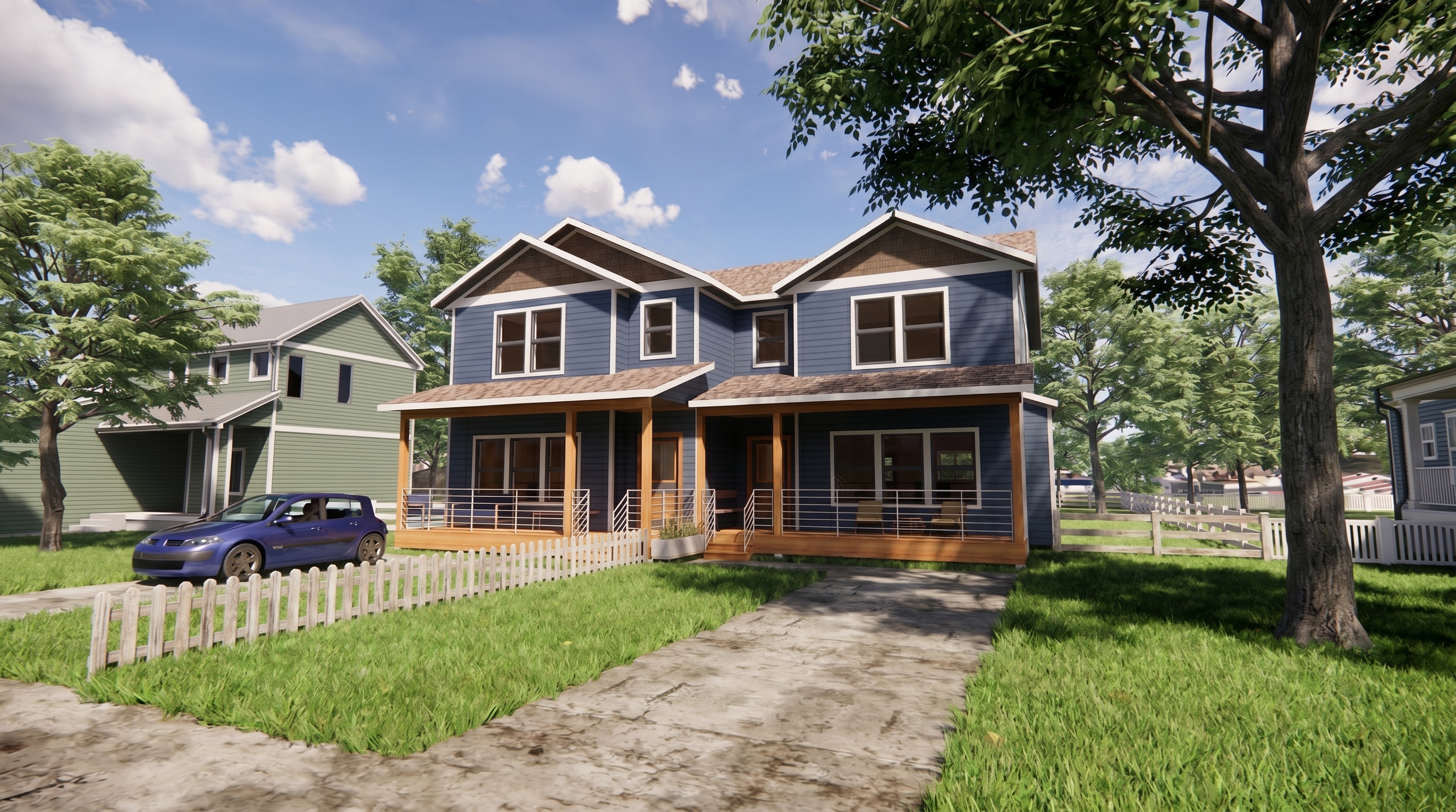 Traditional style 2 story duplex. Each unit has covered front deck, 2 bedrooms, 1.5 bathrooms.